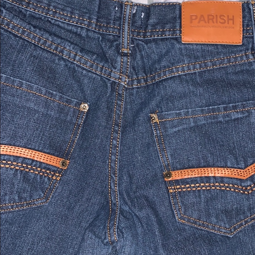 Parish jeans size 18 dark denim with leather patch